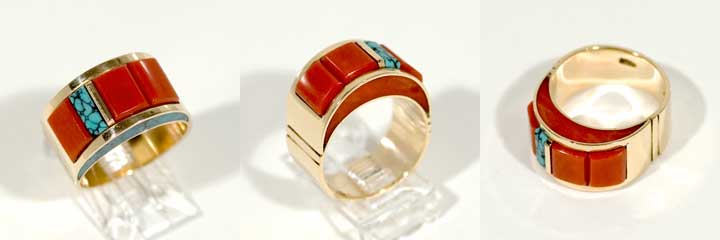 Victor Beck gold and coral inlay ring