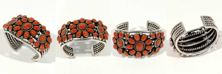Navajo silver and coral cluster bracelet