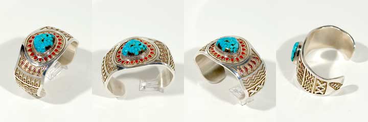 Vernon Haskie turquoise and coral silver bracelet