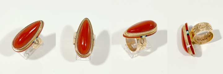 Jake Livingston gold ring with coral inlay