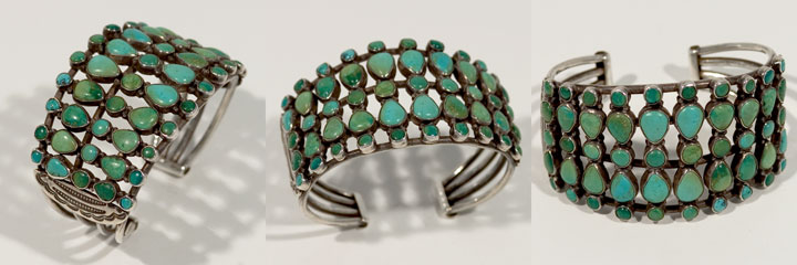 Navajo silver and coral cluster bracelet