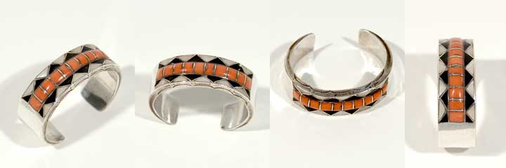 Zuni channel inlay bracelet with coral, shell, and jet