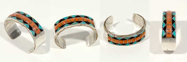 Zuni channel inlay bracelet with turquoise, coral, and jet